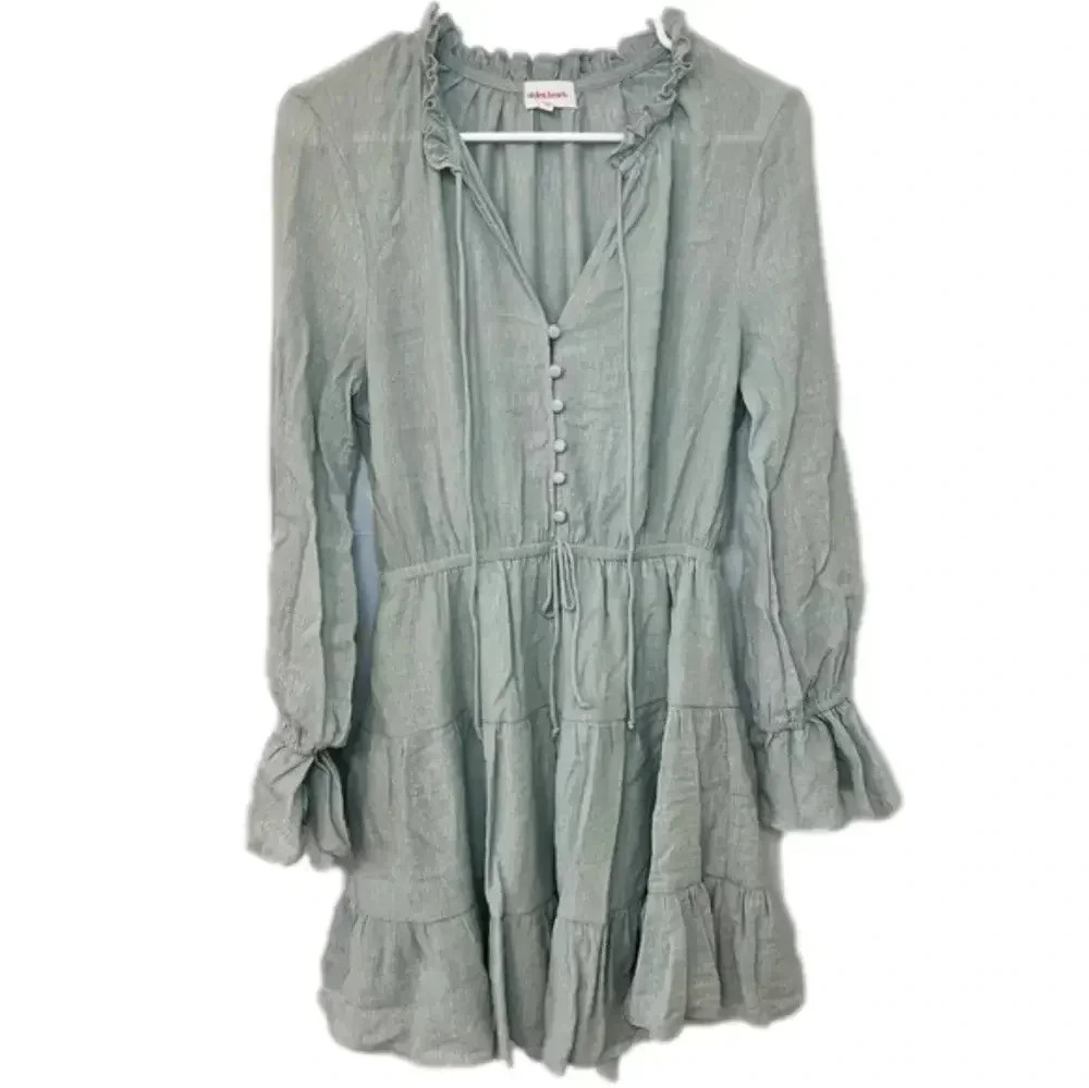 Stolen Hearts Mini Tiered Dress Size M Pale Green Color Boho